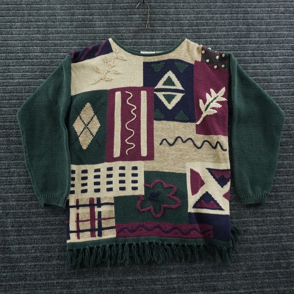 Vintage Patchwork Fringe Sweater Womens S‎ Green Multi Color Vintage Ramie Knit